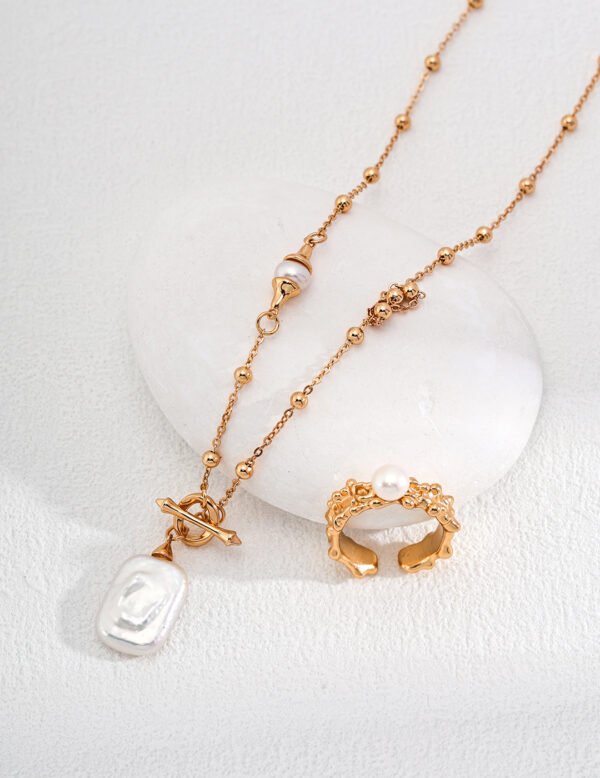 Natural Pearl Square Pendant Gold-Plated Necklace - Image 3