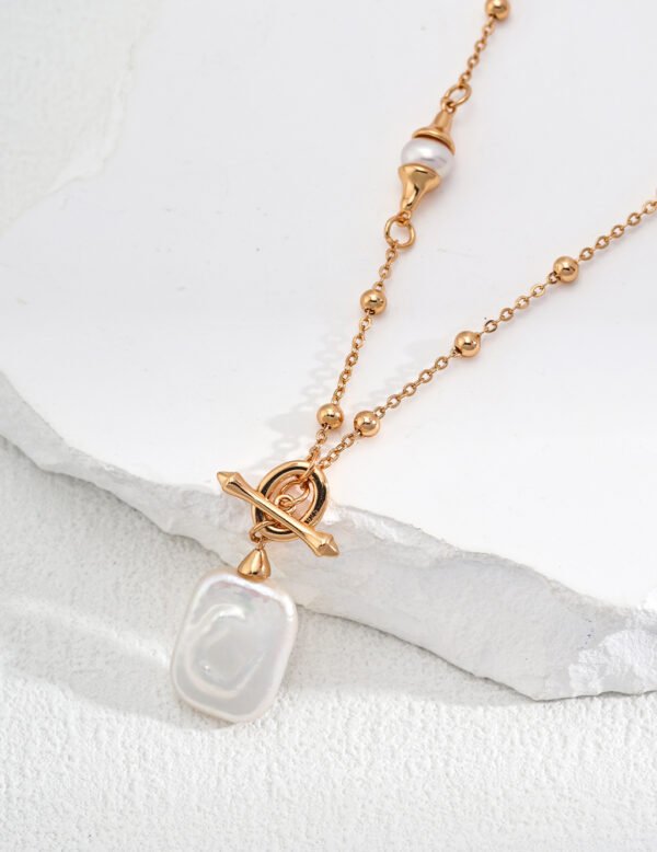 Natural Pearl Square Pendant Gold-Plated Necklace - Image 2