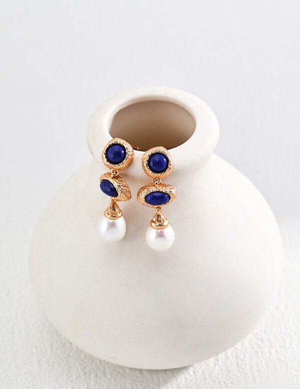 S925 Silver Vintage Lapis Lazuli Pearl Earrings - Image 2