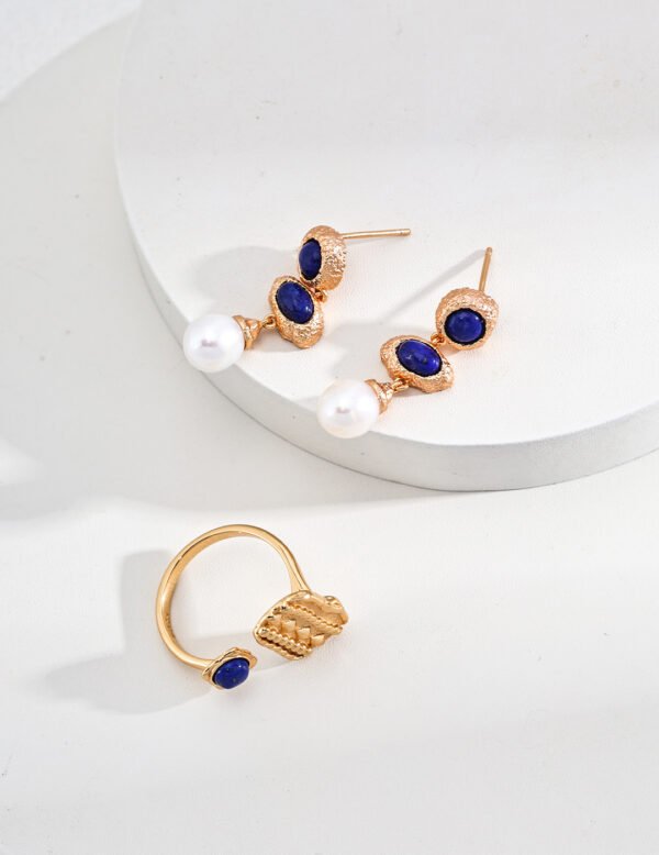 S925 Silver Vintage Lapis Lazuli Pearl Earrings - Image 3