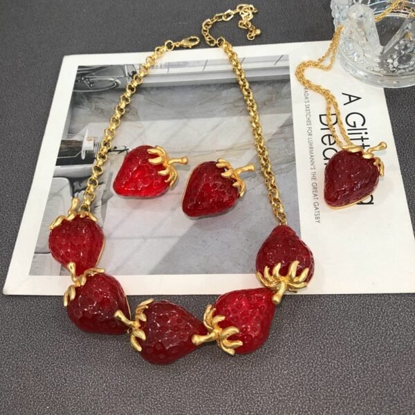 18K Gold Plated Red Gradient Strawberry Silver Post Part Earring/Ear Clip/Necklace Jewelry Sets