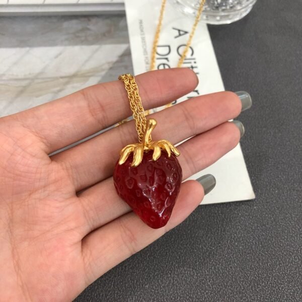 18K Gold Plated Red Gradient Strawberry Silver Post Part Earring/Ear Clip/Necklace Jewelry Sets - Image 2