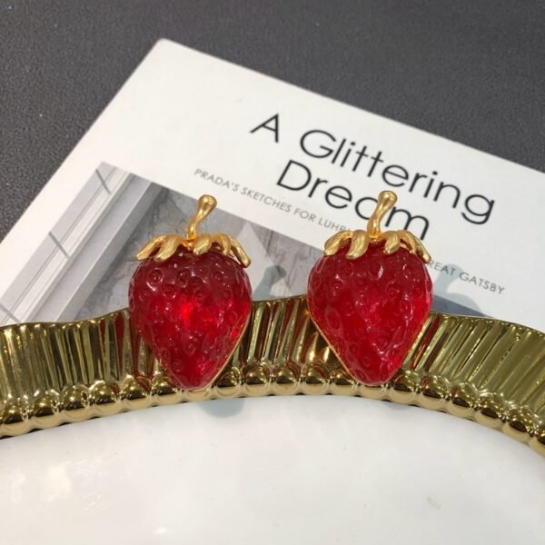 18K Gold Plated Red Gradient Strawberry Silver Post Part Earring/Ear Clip/Necklace Jewelry Sets - Image 4