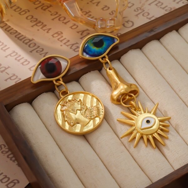 Vintage Asymmetric Design Eyes Nose Sun Gold Coin Earrings