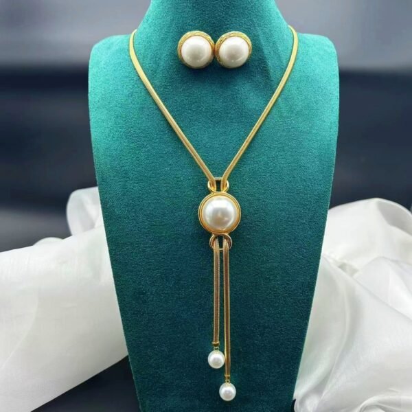 18K Gold Plated Vintage Long Adjustable Pearl Sweater Chain Jewelry Sets Necklace + Earrings - Image 2
