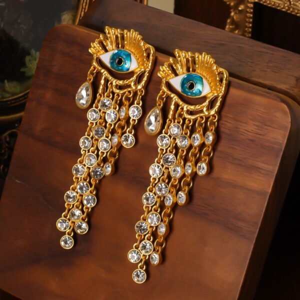 18K Gold Plated Vintage Eye Long Tassel 925 Post Part Earrings