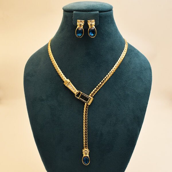 18K Gold Plated Vintage Snake Bone Chain Y-Shaped Blue Glass Necklace + Earrings Jewelry Sets