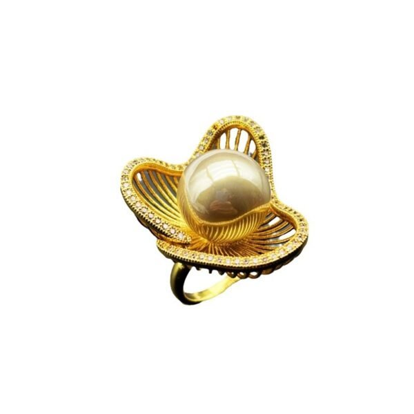 18K Gold Plated Zircon Inlaid Hollow Texture Pearl Ring
