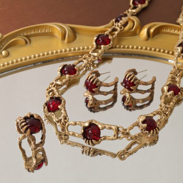 Vintage claw-set red glass earrings/rings/necklace jewelry sets