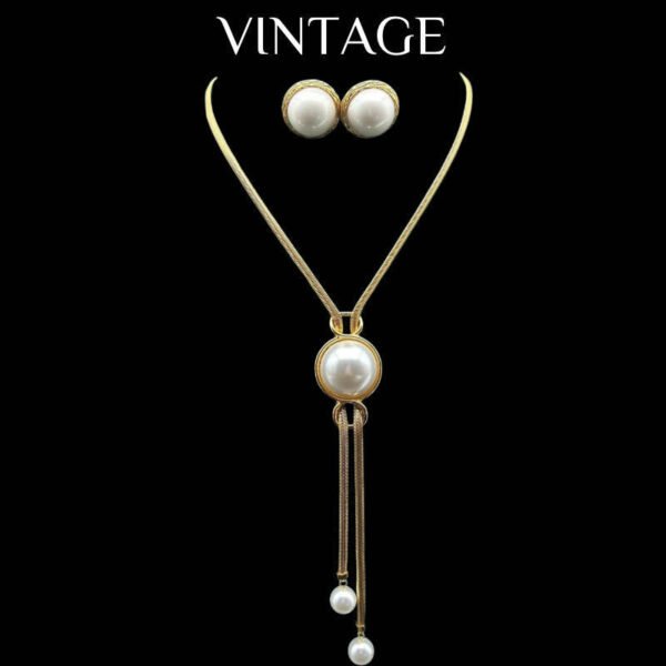 18K Gold Plated Vintage Long Adjustable Pearl Sweater Chain Jewelry Sets Necklace + Earrings