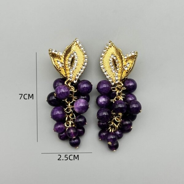 18K Gold Plated Vintage Hand-Beaded Purple Grapes Stone 925 Silver Post Part Fruit Shape Ear Clips / Earrings - Image 2