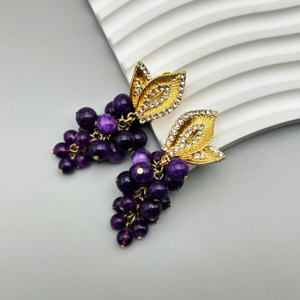 18K Gold Plated Vintage Hand-Beaded Purple Grapes Stone 925 Silver Post Part Fruit Shape Ear Clips / Earrings