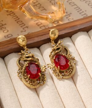 18K Gold Plated Vintage Brass Three-Dimensional Relief Earrings Rhinestone Hollow Dragon Earrings