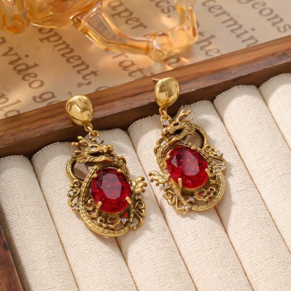 18K Gold Plated Vintage Brass Three-Dimensional Relief Earrings Rhinestone Hollow Dragon Earrings