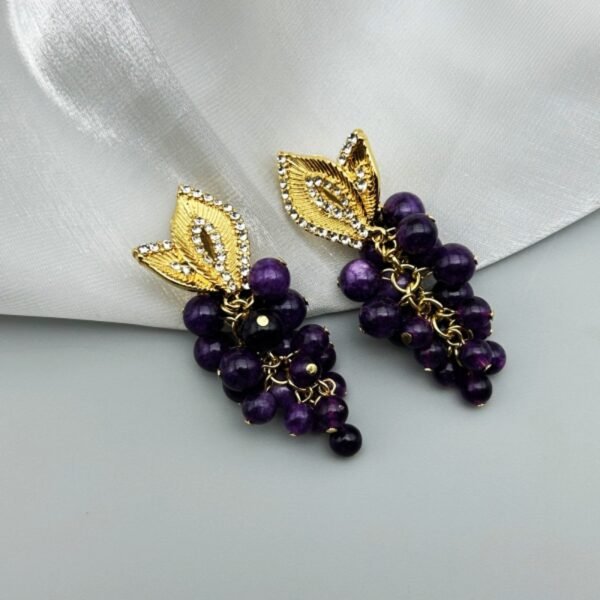 18K Gold Plated Vintage Hand-Beaded Purple Grapes Stone 925 Silver Post Part Fruit Shape Ear Clips / Earrings - Image 3