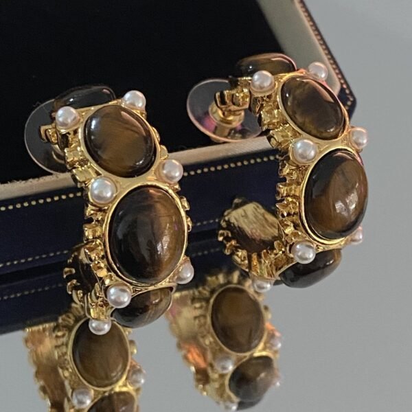 18K Gold Plated Vintage Tiger Eye Stone With Pearl Hoop Earrings - Image 2