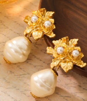 18K Gold Plated Pearl Earrings S925 Silver Post Part Rose Leaf Earrings