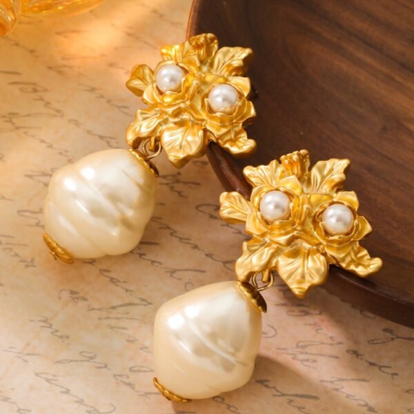 18K Gold Plated Pearl Earrings S925 Silver Post Part Rose Leaf Earrings