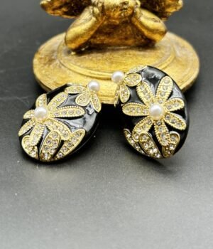 18K Gold Plated Vintage Black Oval Earrings 925 Silver