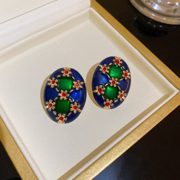 925 Sterling Silver Post Green Flower Oval Earrings