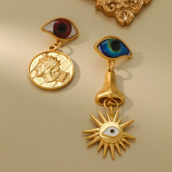 Vintage Asymmetric Design Eyes Nose Sun Gold Coin Earrings - Image 5