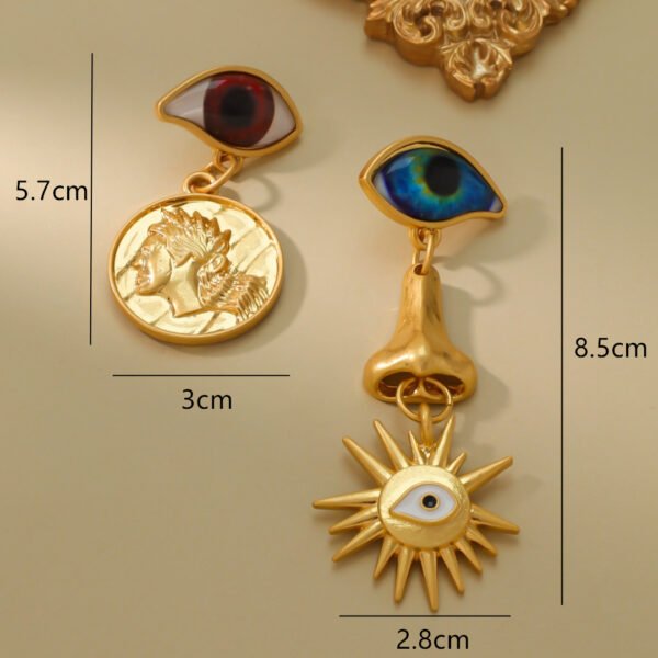 Vintage Asymmetric Design Eyes Nose Sun Gold Coin Earrings - Image 2