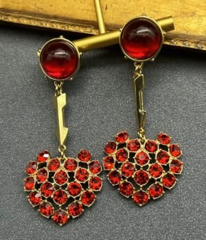 18K Gold Plated Vintage Red Glass Heart Earrings Long