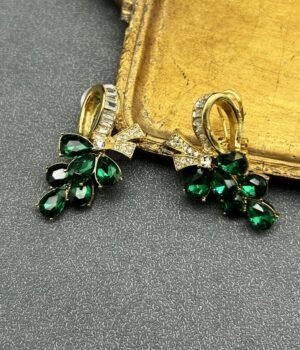 18K Gold Plated Vintage Full Emerald Set Bow Brooch Earrings