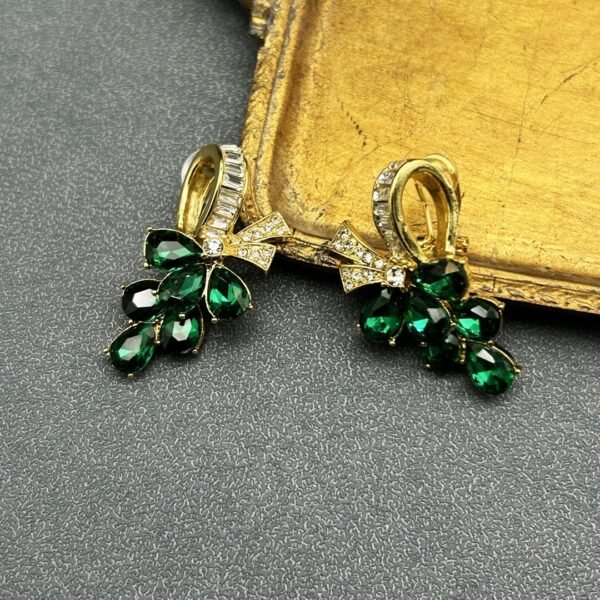 18K Gold Plated Vintage Full Emerald Set Bow Brooch Earrings