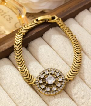 18K Gold Plated Vintage Bracelet With Round Zircon Inlaid Pendant
