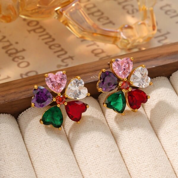 Vintage 18K Gold-Plated Multi-Color Glass Flower 925 Silver Post Part Earrings