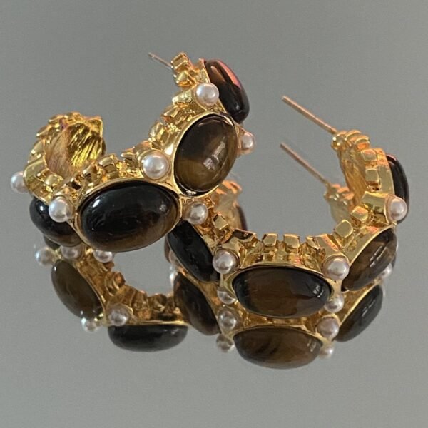 18K Gold Plated Vintage Tiger Eye Stone With Pearl Hoop Earrings