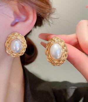 925 Silver Post Part Gold Oval Pearl Earrings