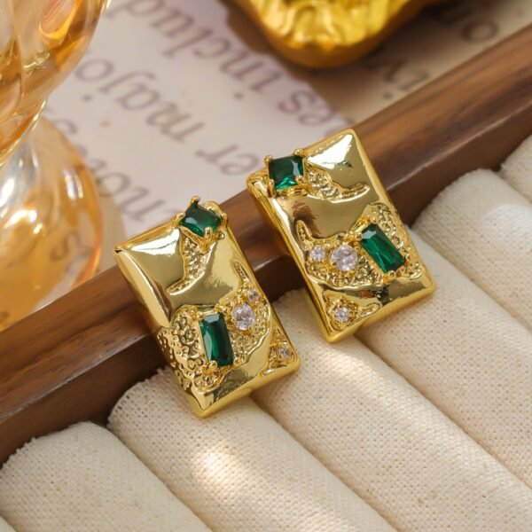 18K Gold Plated Square Emerald Zircon Earrings 925 Silver Post Part Atmosphere Earrings