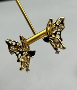 18K Gold Plated Vintage Inlaid Black Heart Zircon Butterfly Earrings