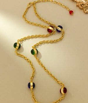 18K Gold Plated Vintage Baroque Double-Sided Glass Long Necklace Multi-Layer Sweater Chain