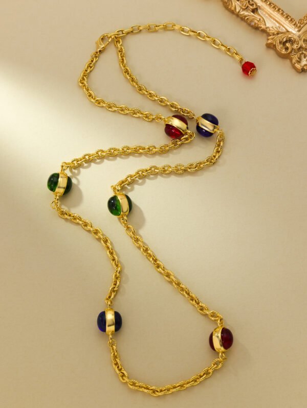 18K Gold Plated Vintage Baroque Double-Sided Glass Long Necklace Multi-Layer Sweater Chain