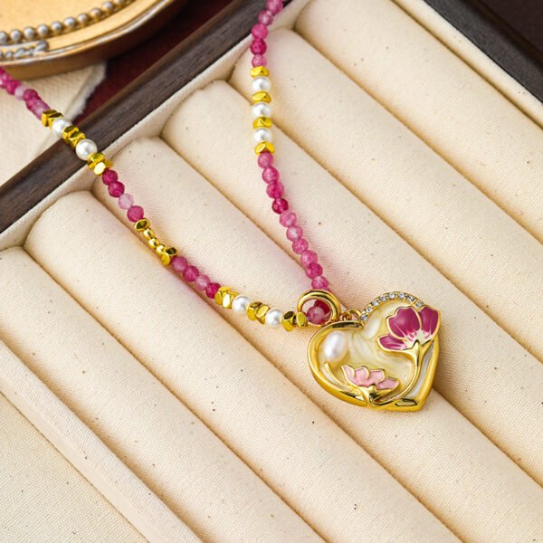 Original 18K Gold Plated Pink Natural Stone Love Pendant Necklace - Image 2
