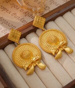 18K Gold Plated Vintage Bow Straw Hat Earrings