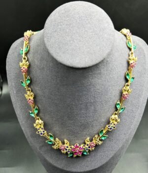 Vintage Colored Gem Flower Necklace 18K Gold-Plated