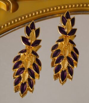 18K Gold Plated Vintage Long Purple Enamel Silver Post Part Earrings, Wheat Ear Tassel Earrings