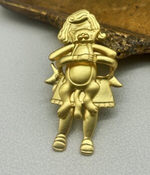 Vintage Cute Child Hugging Cat Movable Brooch 18K Gold Plated