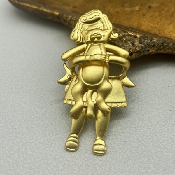 Vintage Cute Child Hugging Cat Movable Brooch 18K Gold Plated