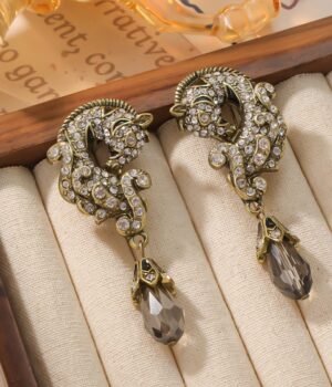 18K Gold Plated Vintage Earrings Rhinestone Diamond Double-Headed Horse Earrings Pendant Earrings