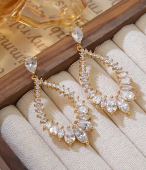 18K Gold Plated Vintage Large Teardrop Earrings Inlaid With White Gemstones