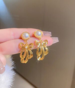925 Silver Post Part Pearl Bow Earrings