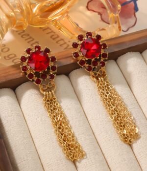 18K Gold Plated Vintage Tassel Gemstone Earrings Red Earrings