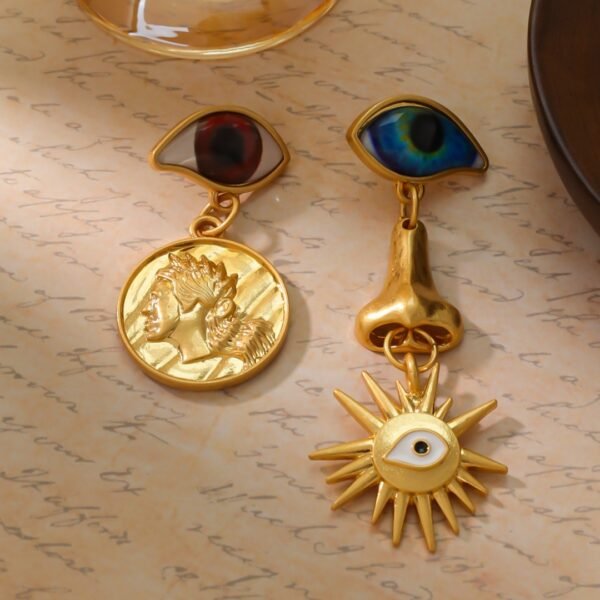 Vintage Asymmetric Design Eyes Nose Sun Gold Coin Earrings - Image 4