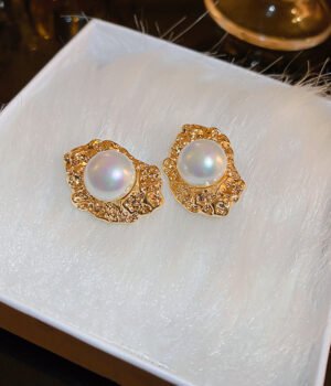 925 Silver Post Part Geometric Wrinkled Pearl Ear Clips (Environmentally Friendly Electroplating)