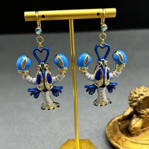 18K Gold Plated Vintage Blue Enamel Lobster Earrings